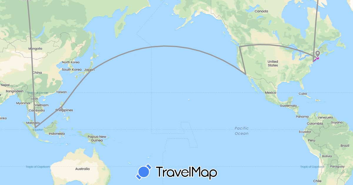 TravelMap itinerary: plane, train in Japan, Philippines, Singapore, United States (Asia, North America)